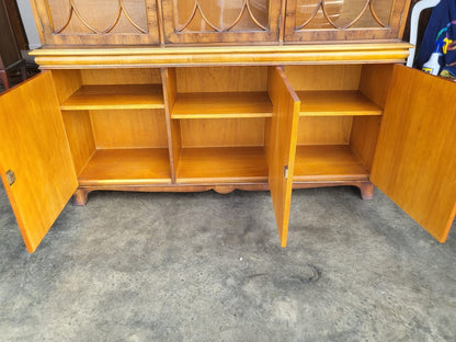 Antique repro large Yew 3 door glazed bookcase display cabinet cupboard shelves