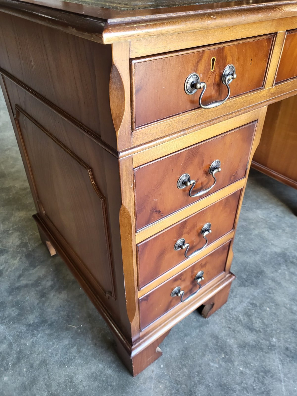 Antique repro Yew small twin pedestal desk leather top