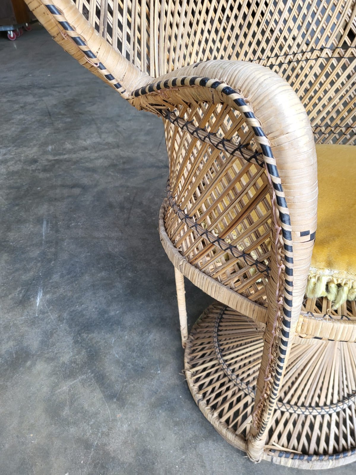 Vintage cane wicker round high back peacock arm chair