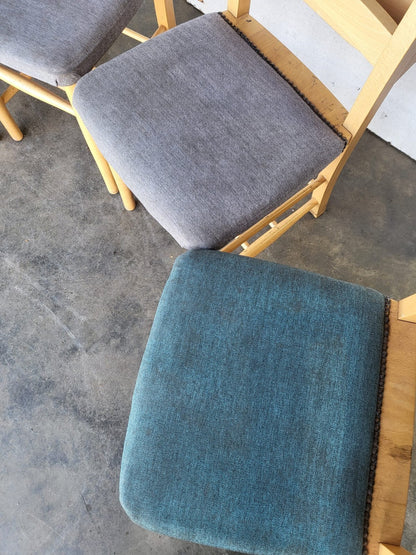 Four small beech church chapel dining chairs upholstered