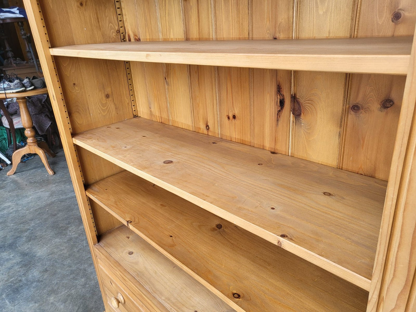 Large pine open bookcase adjustable shelves 2 drawers