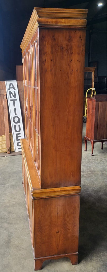 Antique repro large Yew 3 door glazed bookcase display cabinet cupboard shelves