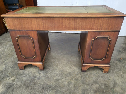 Antique repro small twin pedestal writing desk leather top 8 drawers