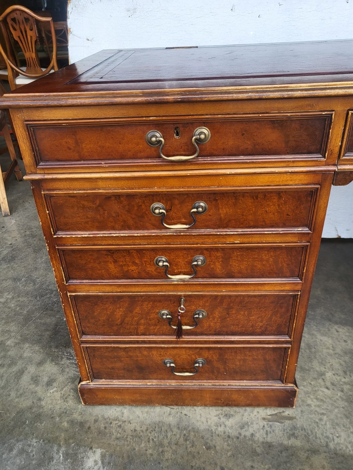 Antique repro large twin pedestal office desk leather top drawers filing