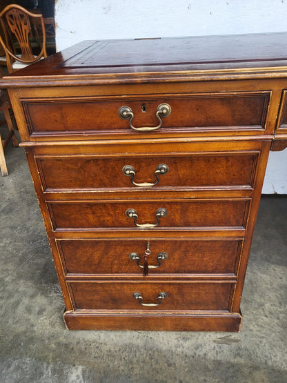 Antique repro large twin pedestal office desk leather top drawers filing