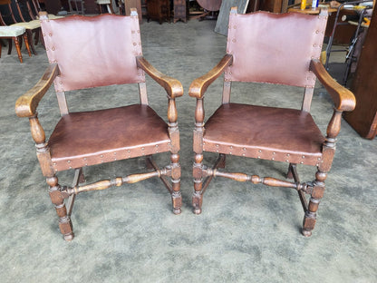 Pair vintage two oak carver open dining armchairs pu leather