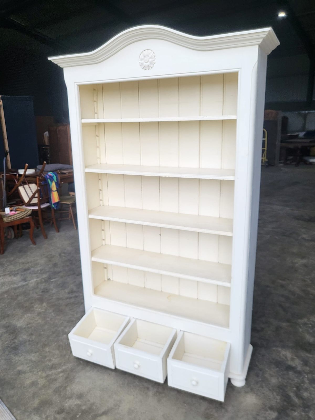 Large white open bookcase adjustable shelves 3 drawers cornice