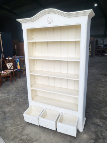 Large white open bookcase adjustable shelves 3 drawers cornice