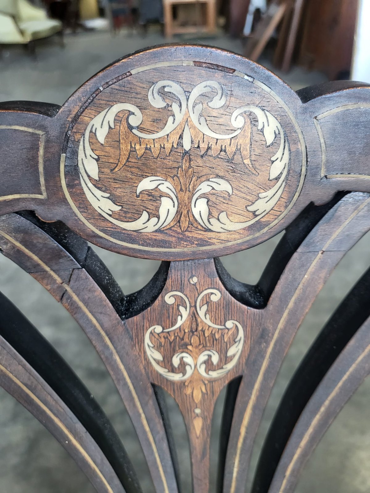 Four Antique Edwardian silk inlaid dining chairs cabriole legs sprung