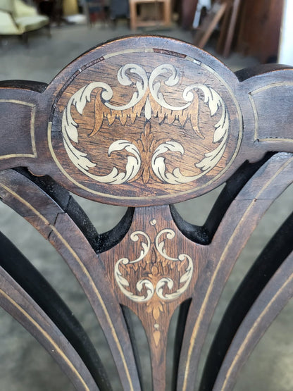 Four Antique Edwardian silk inlaid dining chairs cabriole legs sprung
