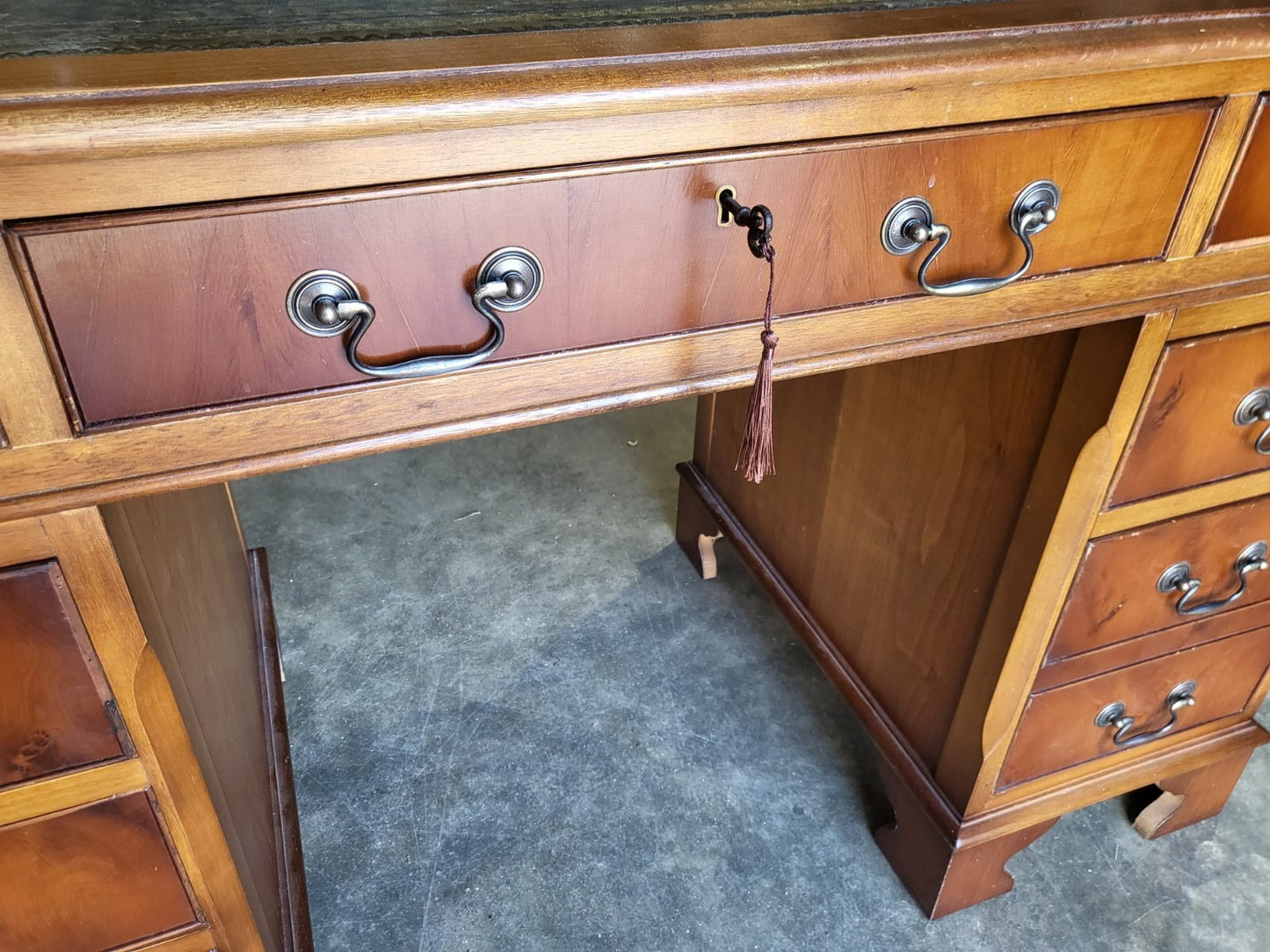 Antique repro Yew small twin pedestal desk leather top