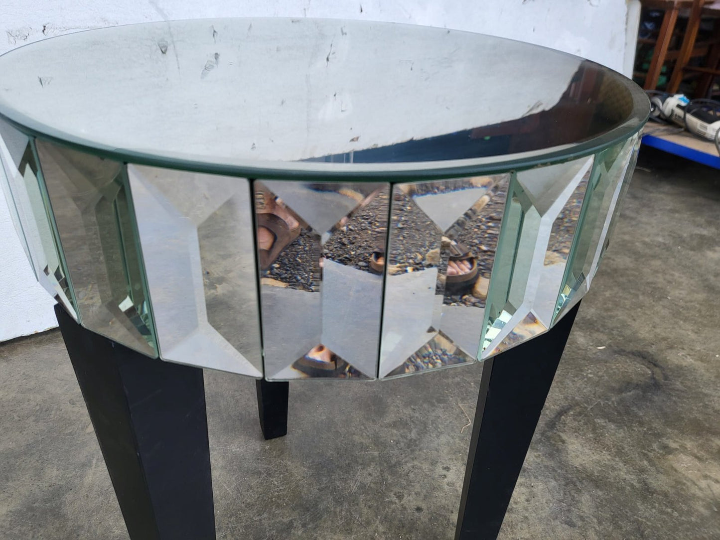 Glass mirrored small side end lamp table black legs