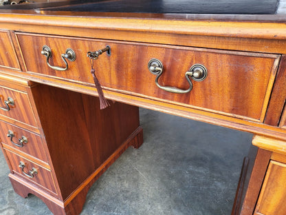 Antique repro small twin pedestal desk drawers cupboard leather top