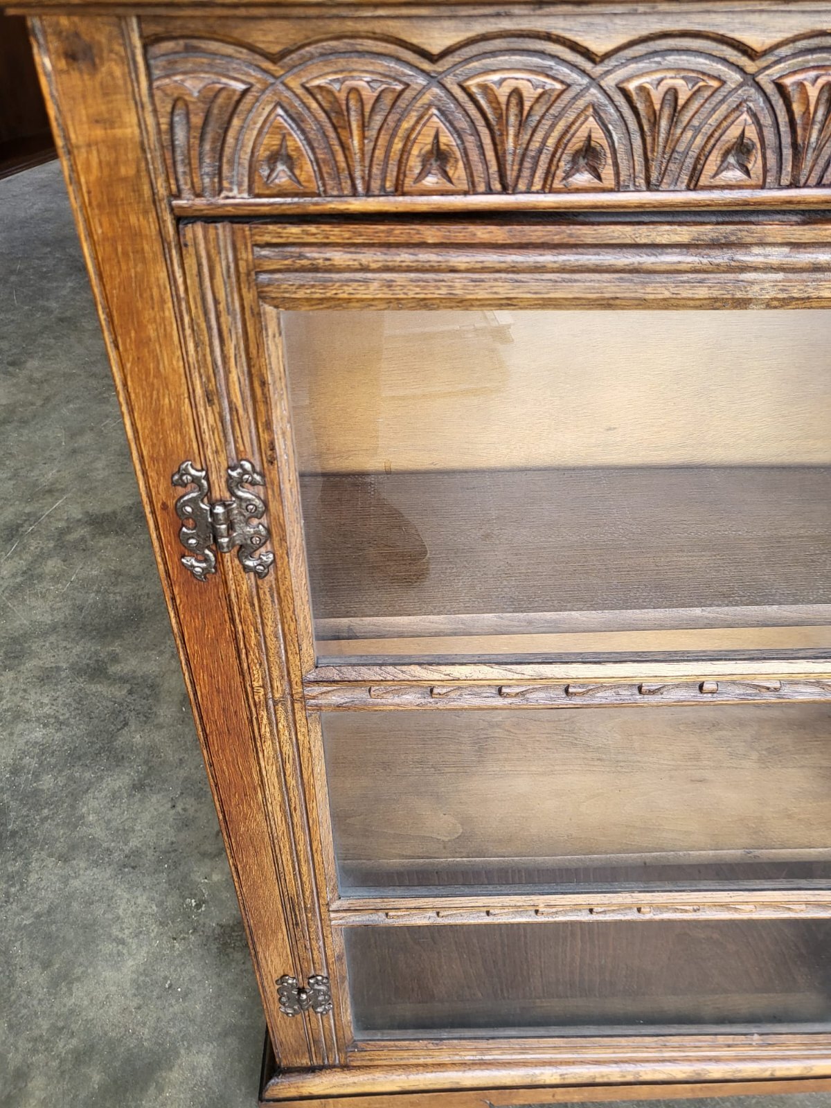 Vintage oak carved 2 door glazed low bookcase cabinet