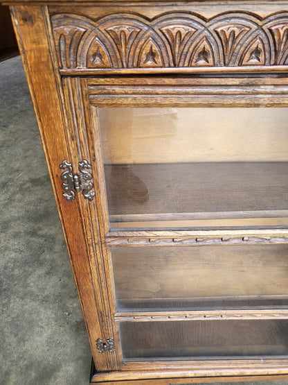 Vintage oak carved 2 door glazed low bookcase cabinet