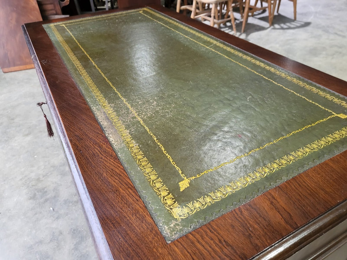 Antique repro small twin pedestal writing desk leather top