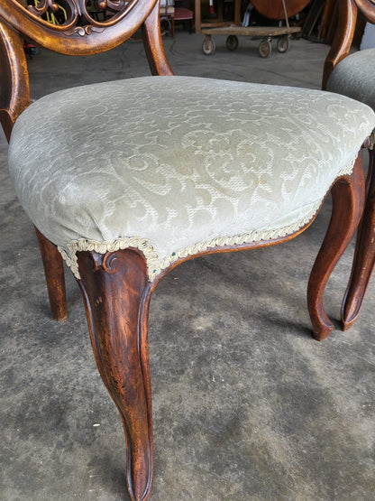 Four green antique Victorian balloon back dining chairs cabriole legs