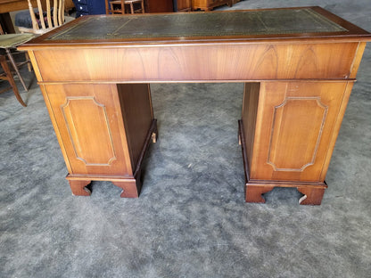 Antique repro Yew small twin pedestal desk leather top