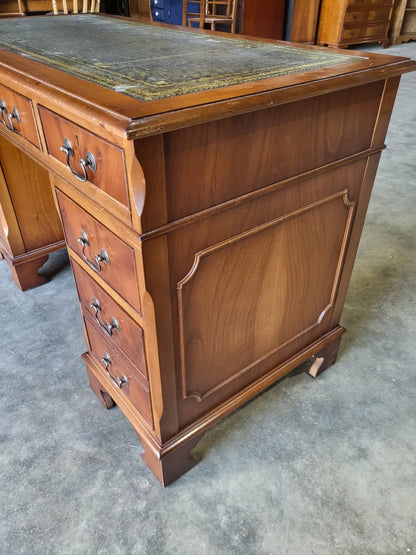 Antique repro Yew small twin pedestal desk leather top