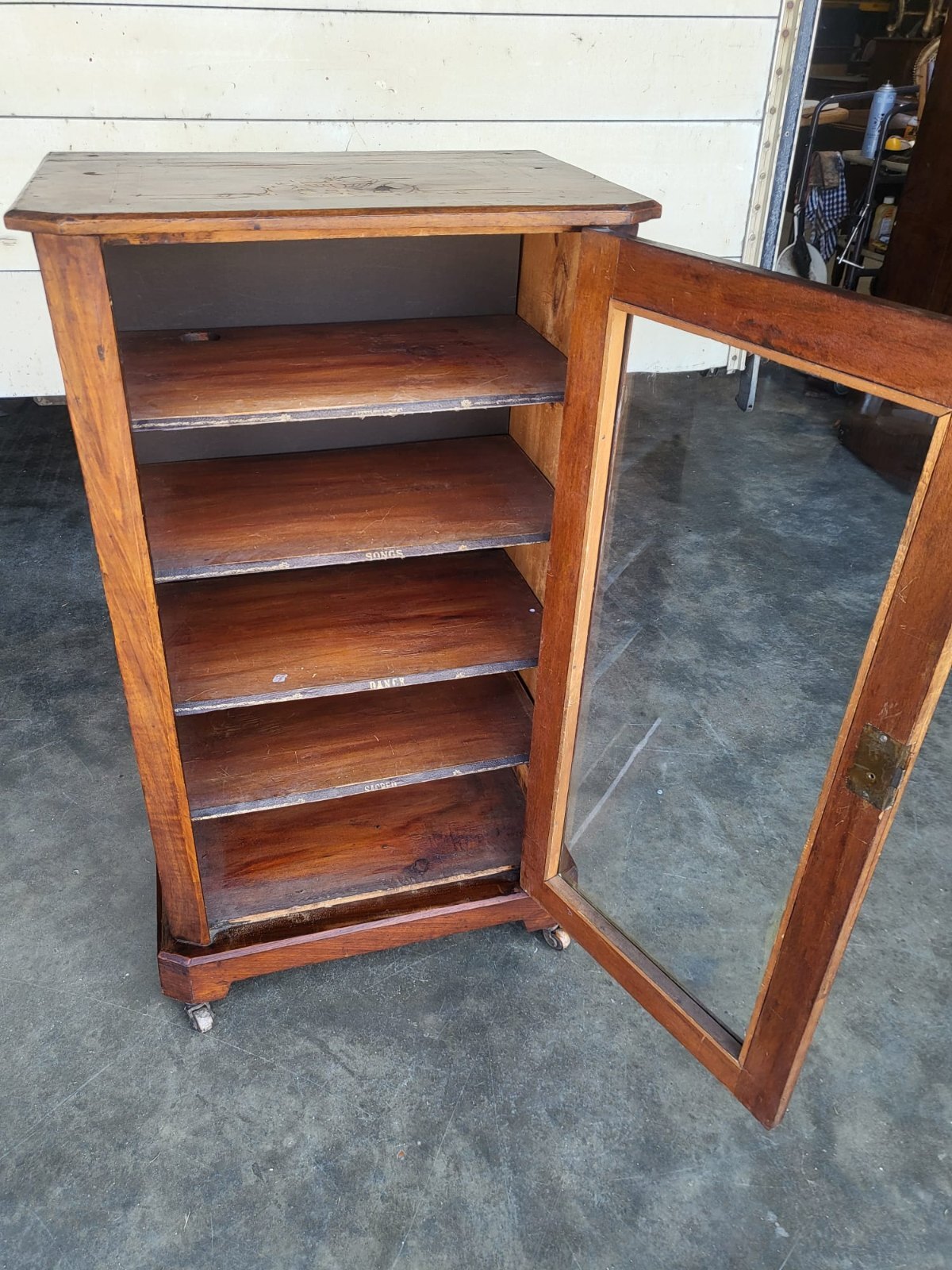 Antique Edwardian inlaid small glazed bookcase music cabinet shelves