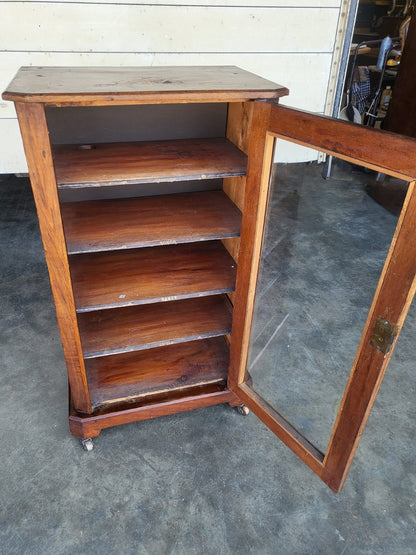 Antique Edwardian inlaid small glazed bookcase music cabinet shelves