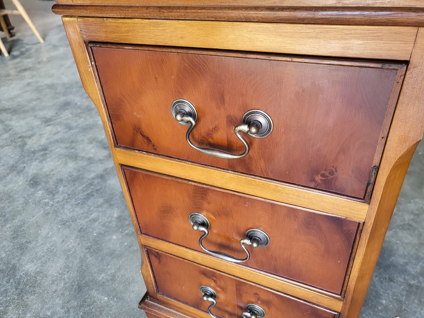 Antique repro Yew small twin pedestal desk leather top