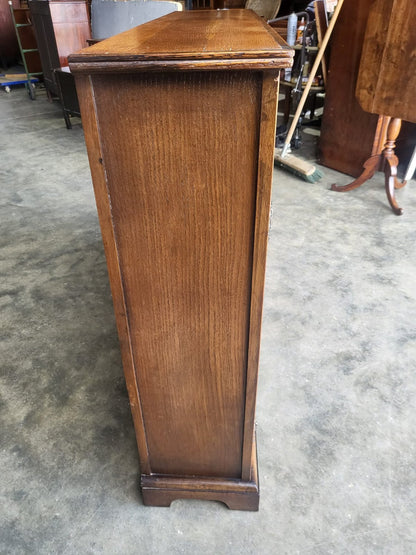 Vintage oak carved 2 door glazed low bookcase cabinet