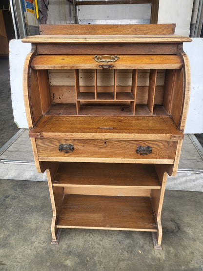 Antique Edwardian small oak roll top students bureau desk
