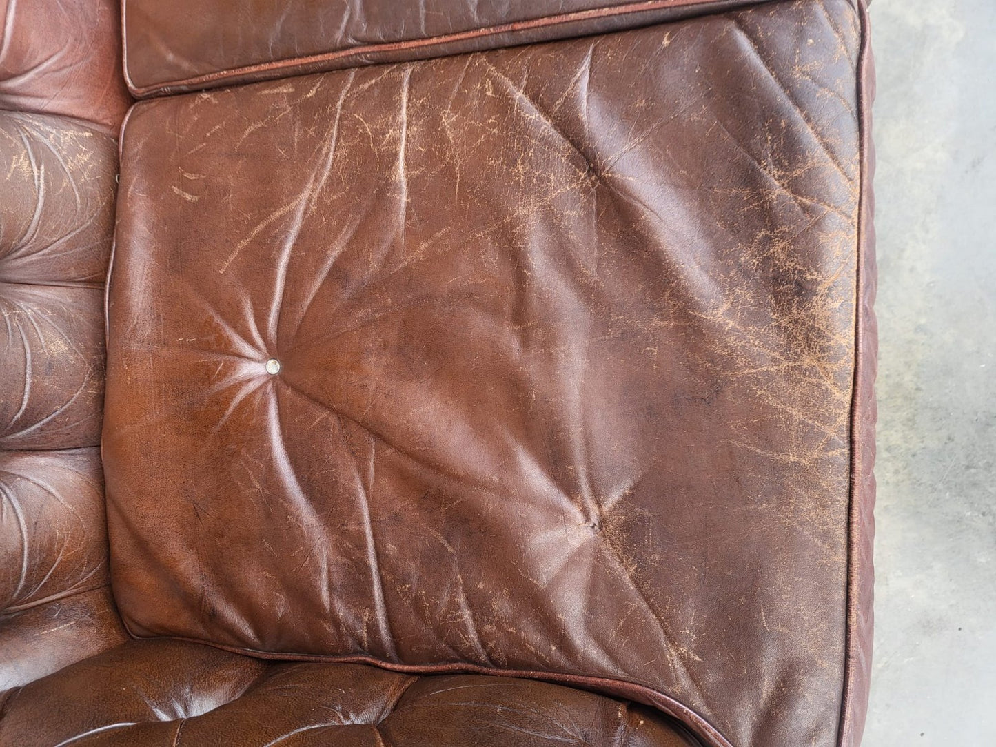 Vintage shabby large 3 seat brown leather Chesterfield sofa