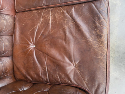 Vintage shabby large 3 seat brown leather Chesterfield sofa