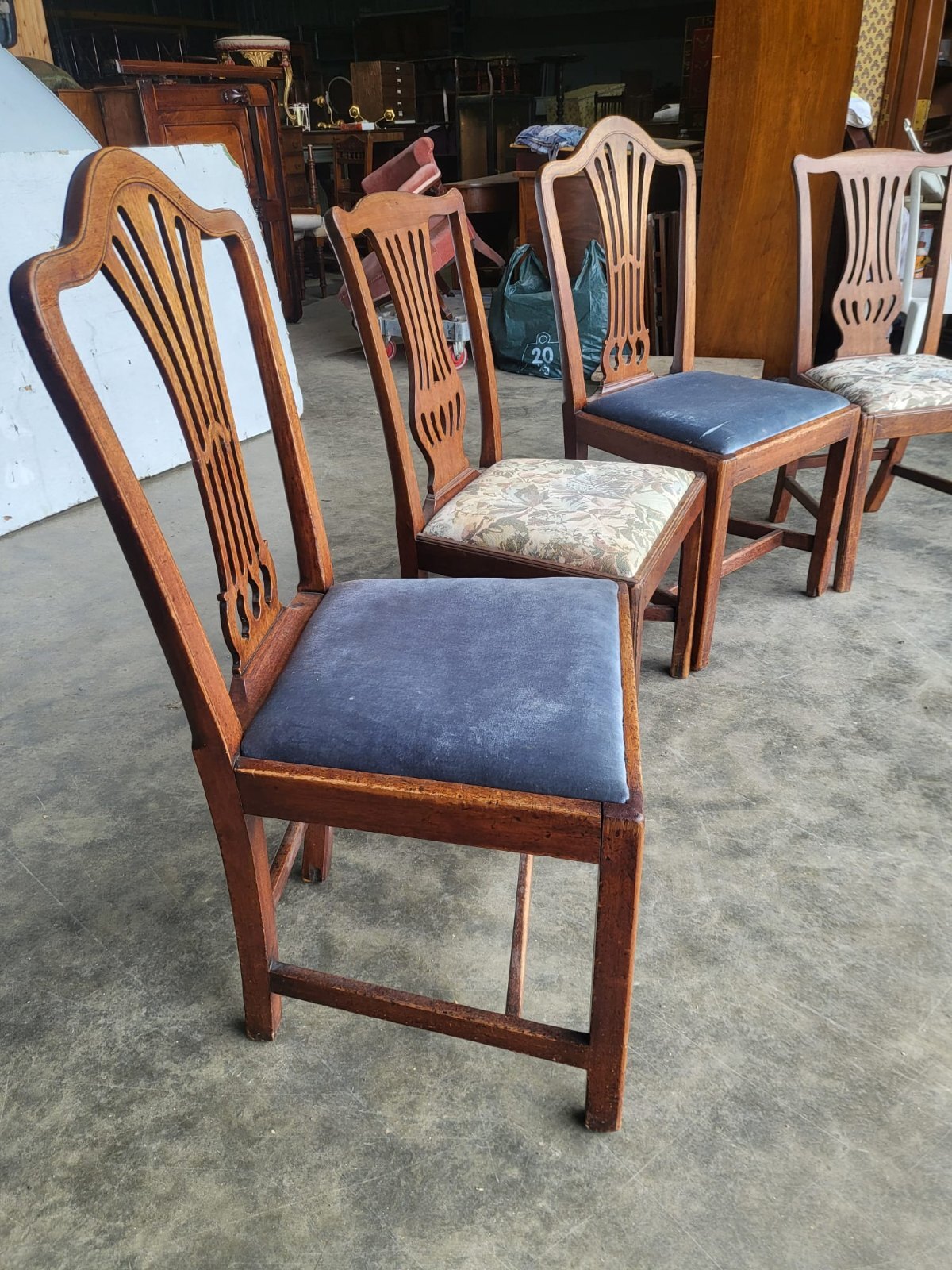 Four 4 antique Georgian mixed dining chairs drop in seats