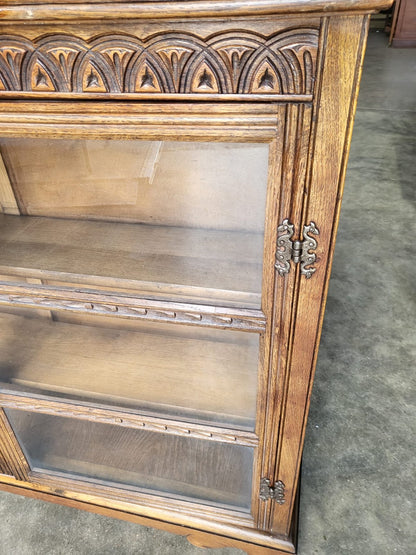 Vintage oak carved 2 door glazed low bookcase cabinet