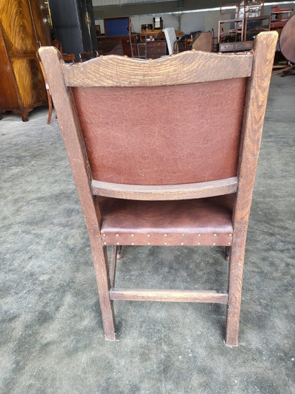 Pair vintage two oak carver open dining armchairs pu leather