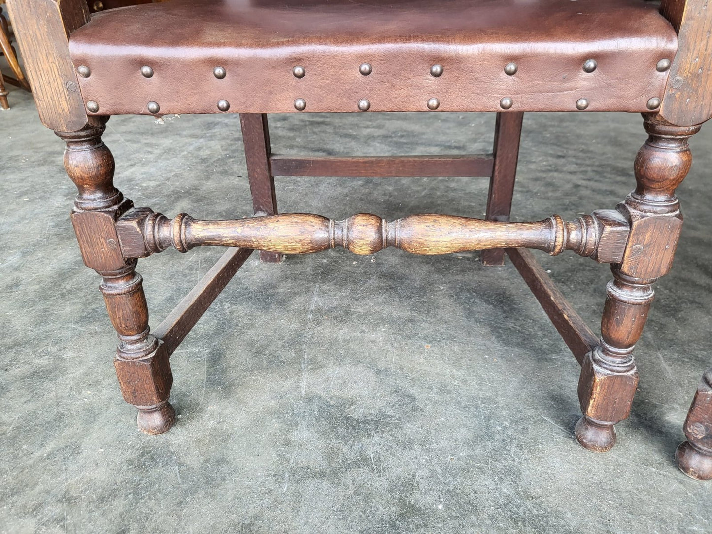 Pair vintage two oak carver open dining armchairs pu leather