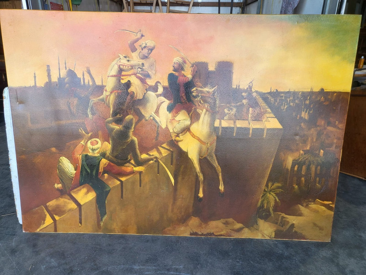 Very large painting oleograph canvas Arab Turkish Fort