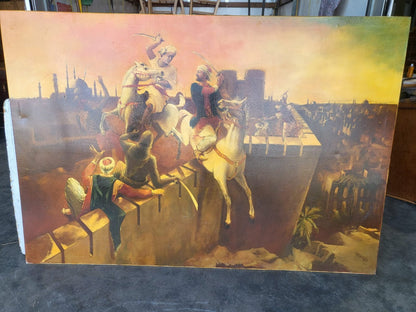 Very large painting oleograph canvas Arab Turkish Fort