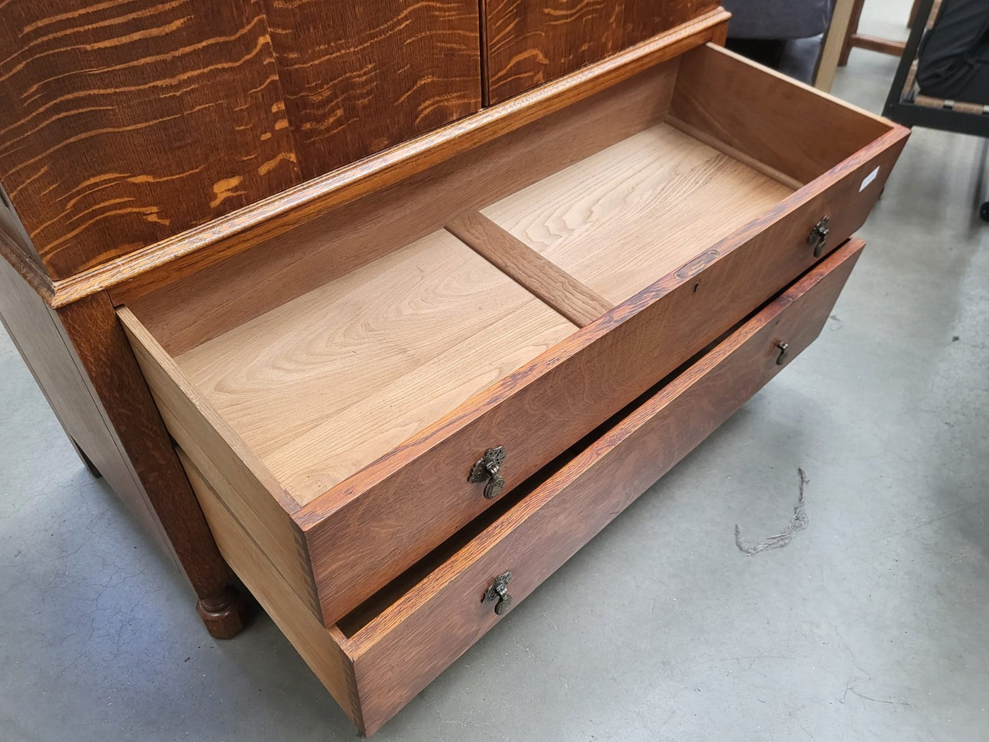 Vintage 1930's oak small wardrobe two drawers bun feet mirror