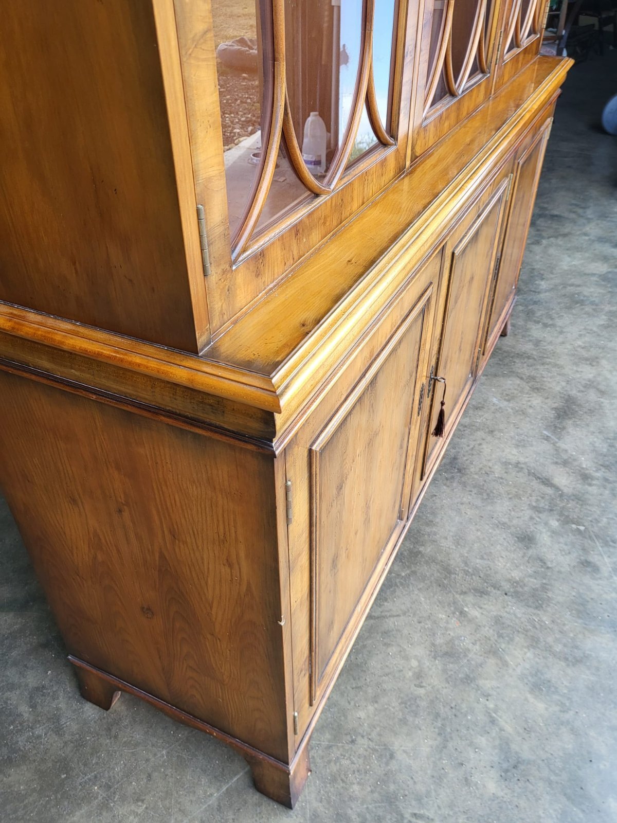 Antique repro large Yew 3 door glazed bookcase display cabinet cupboard shelves