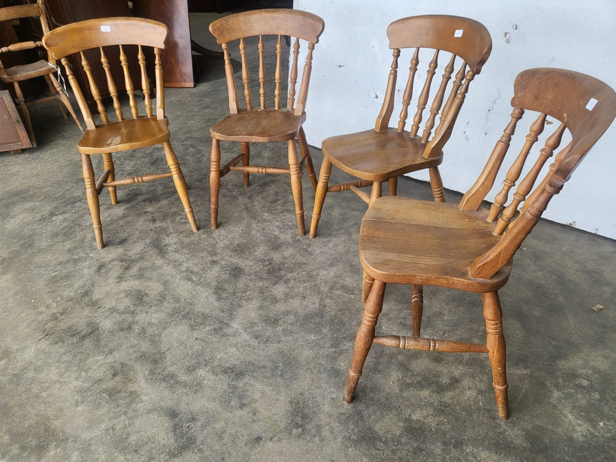Four beech wooden stick back kitchen country dining chairs