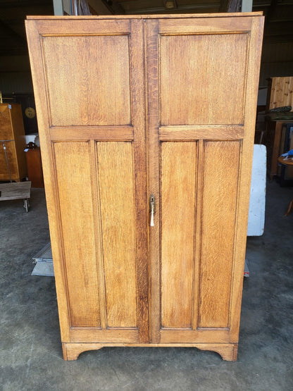 Vintage small oak panelled gentleman's wardrobe shelves drawer