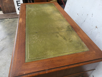 Antique repro small twin pedestal writing desk leather top 8 drawers