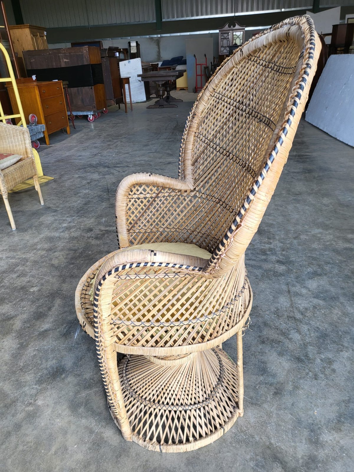 Vintage cane wicker round high back peacock arm chair