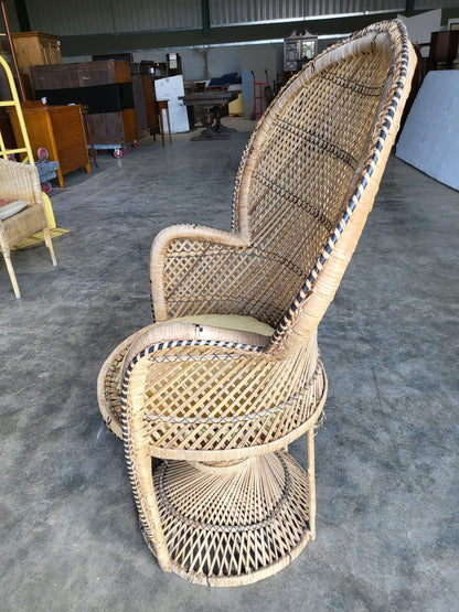 Vintage cane wicker round high back peacock arm chair