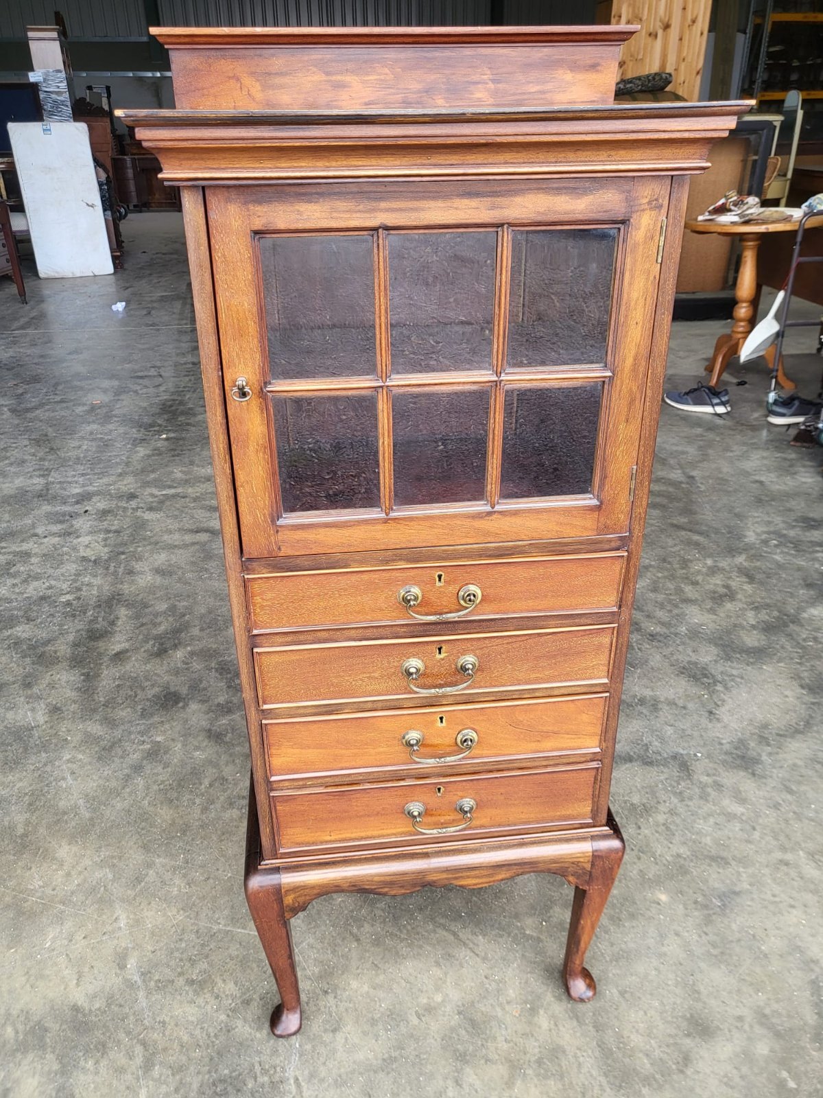 Antique Victorian tall glazed side end cabinet drawers cabriole legs