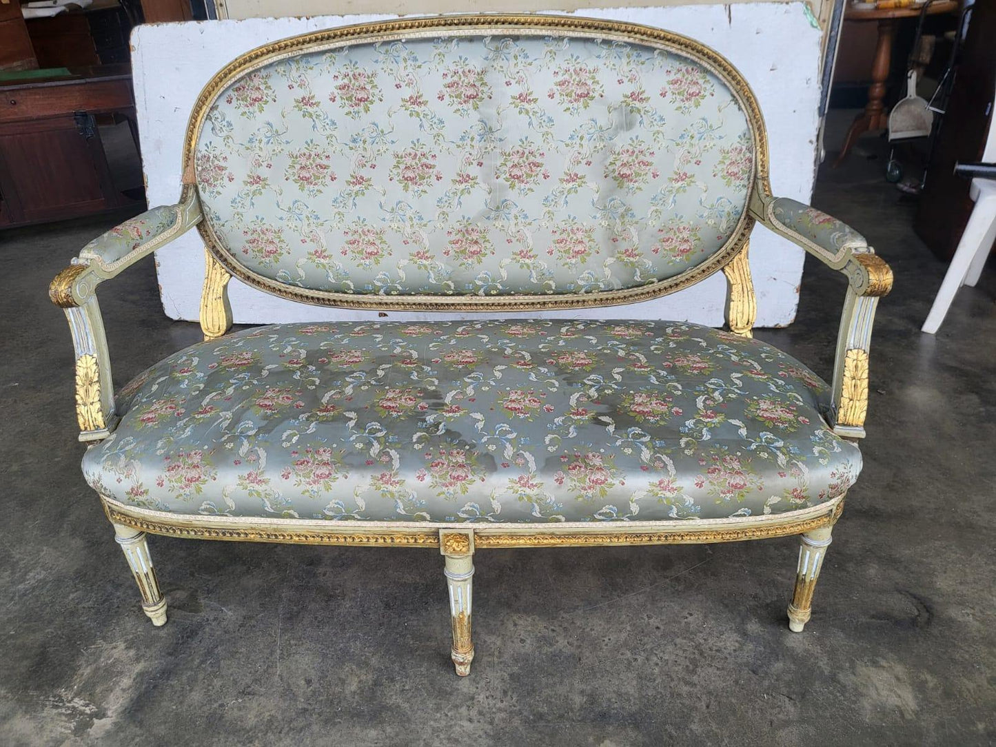 Antique Victorian French wood frame parlour sofa gold silk floral