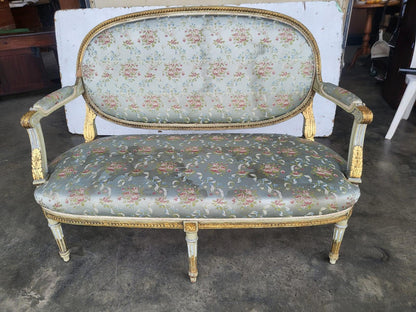 Antique Victorian French wood frame parlour sofa gold silk floral