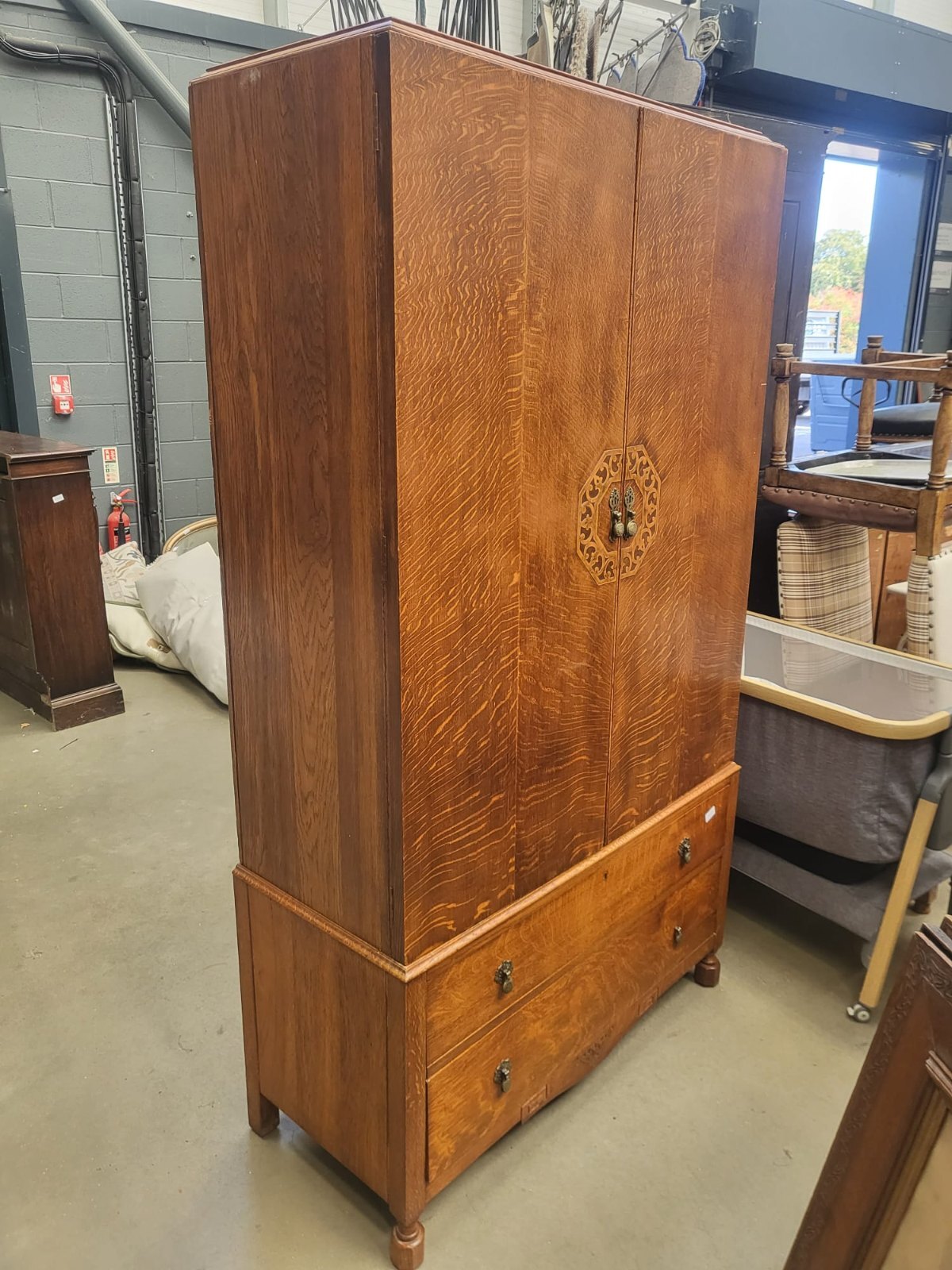 Vintage 1930's oak small wardrobe two drawers bun feet mirror