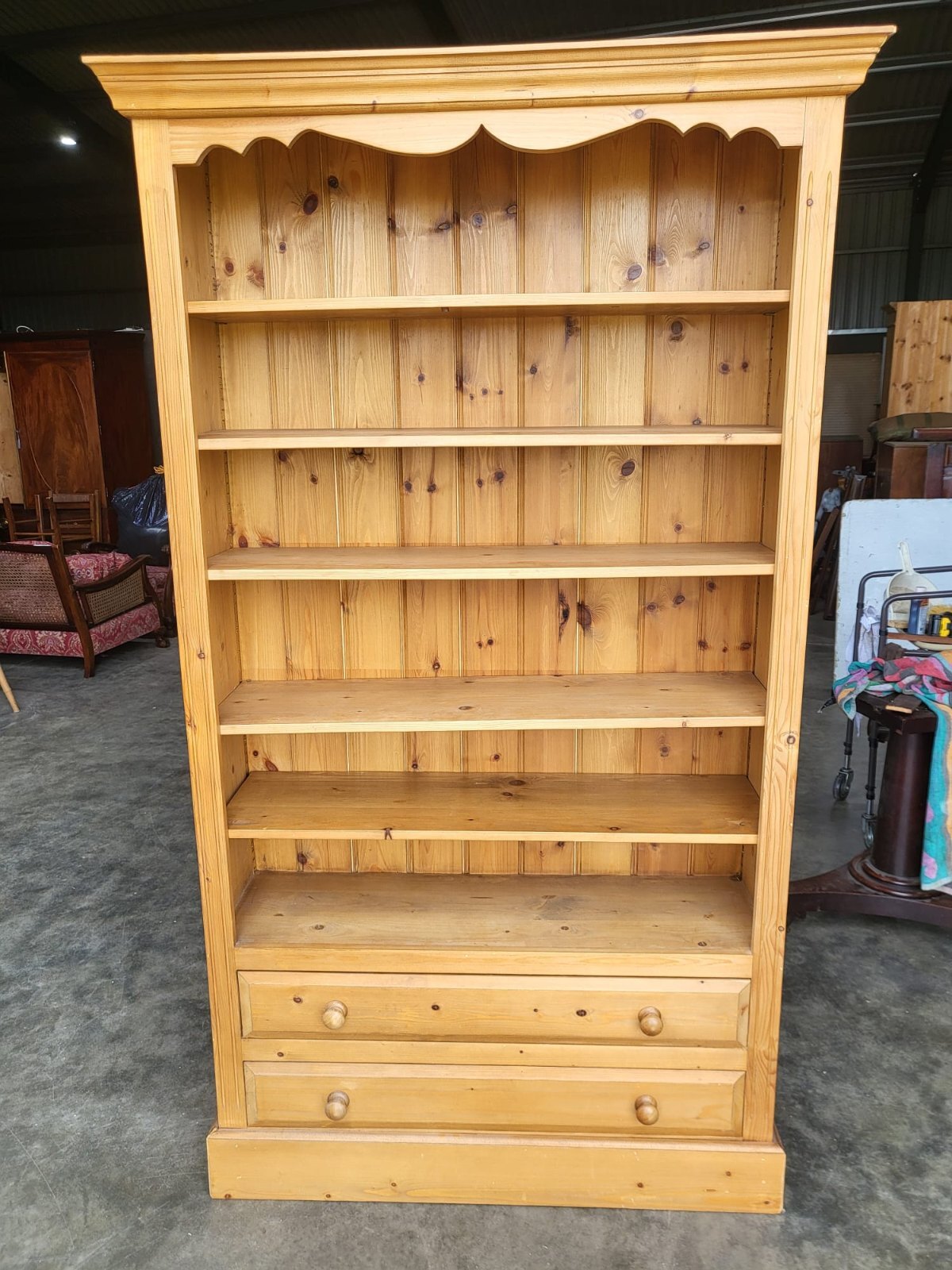 Large pine open bookcase adjustable shelves 2 drawers