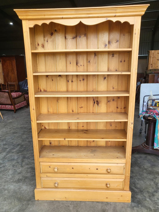 Large pine open bookcase adjustable shelves 2 drawers