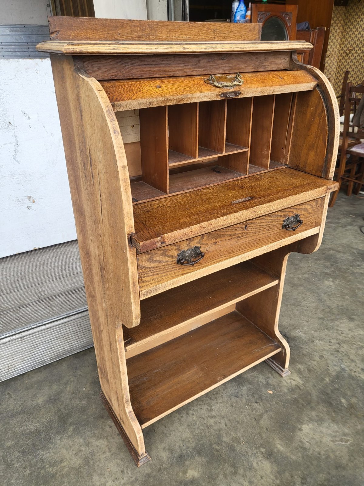 Antique Edwardian small oak roll top students bureau desk